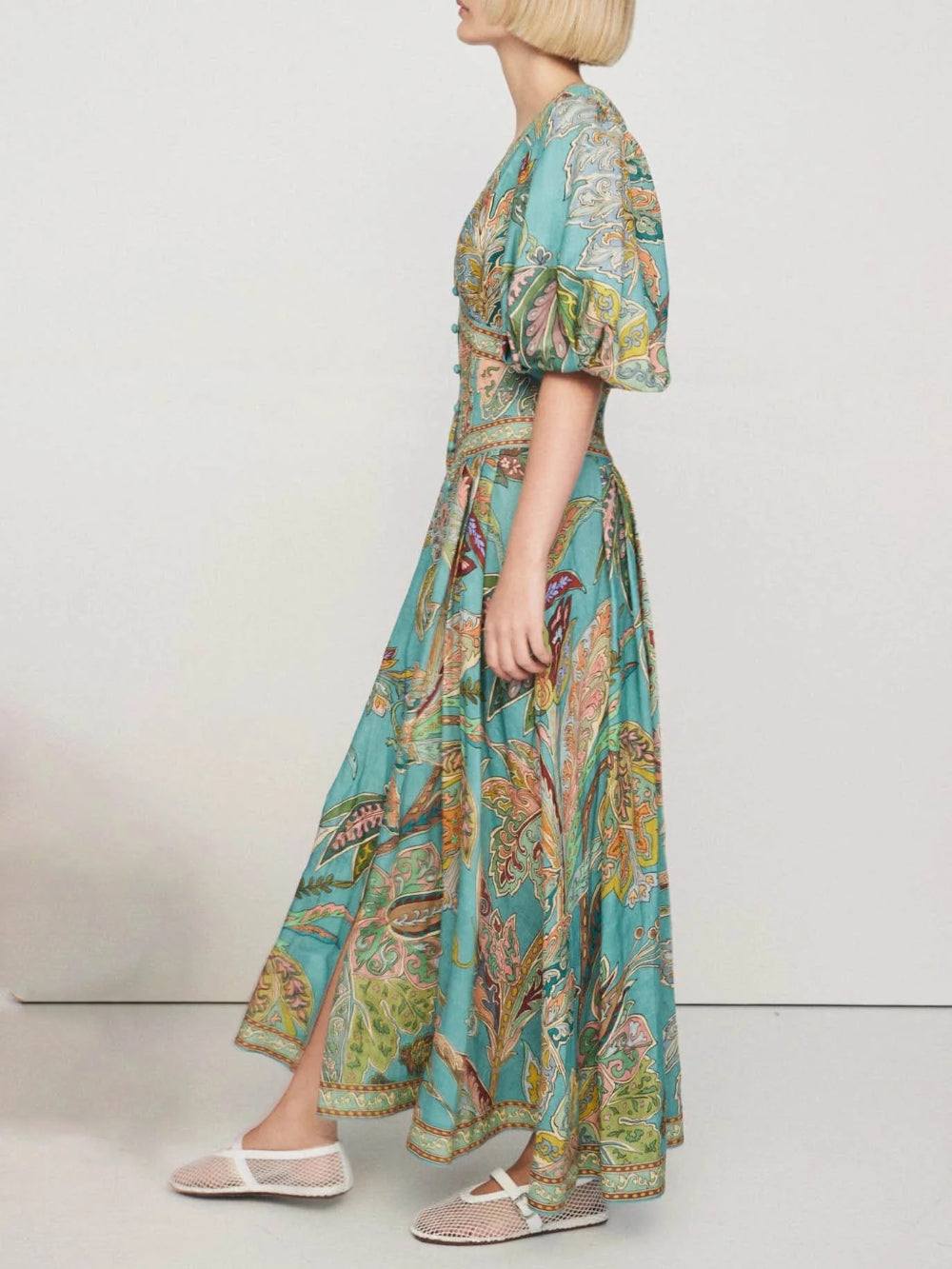 Satin Vintage Floral Print Puff Sleeve Unique Midi Dress