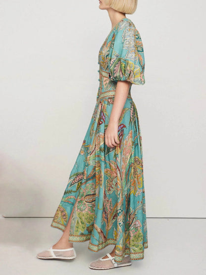 Satin Vintage Floral Print Puff Sleeve Unique Midi Dress