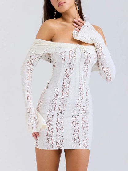 Elegant One-Shoulder Lace Detail Hip-Wrap Dress