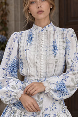Floral Print Stand Collar Puff Sleeve Ruffle Maxi Dress