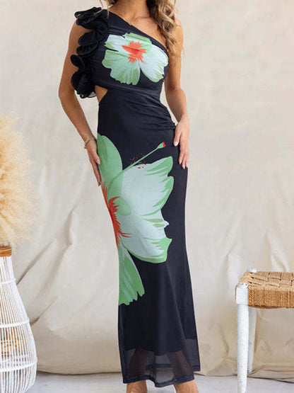 One Shoulder Floral Print Fitted Maxi Dress
