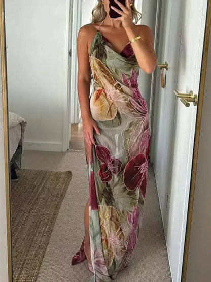 Sexy Waist-Tied Backless Halter French Slit Dress