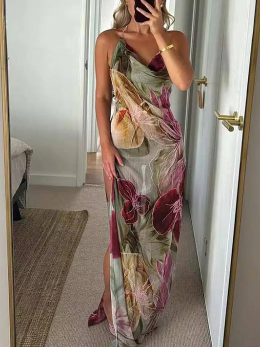 Sexy Waist-Tied Backless Halter French Slit Dress