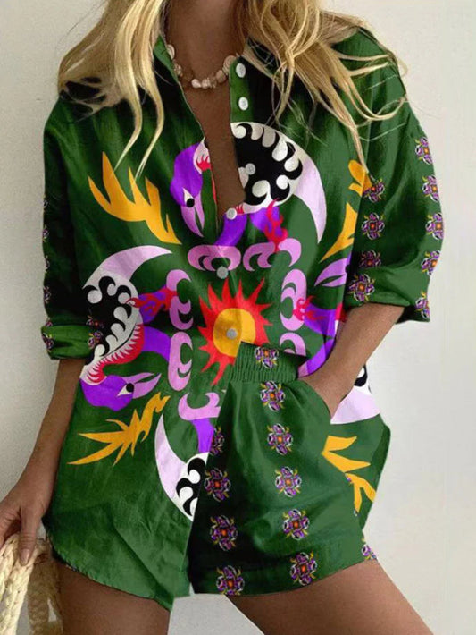 Abstract Print Lapel Two-piece Set