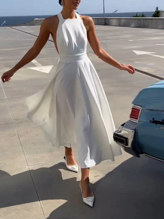 Elegant Halter Bow Tie Solid Waist-Tied Dress