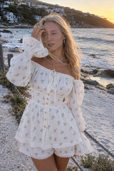 Lantern Sleeve Lace Up Off Shoulder Top Two Piece Shorts Set
