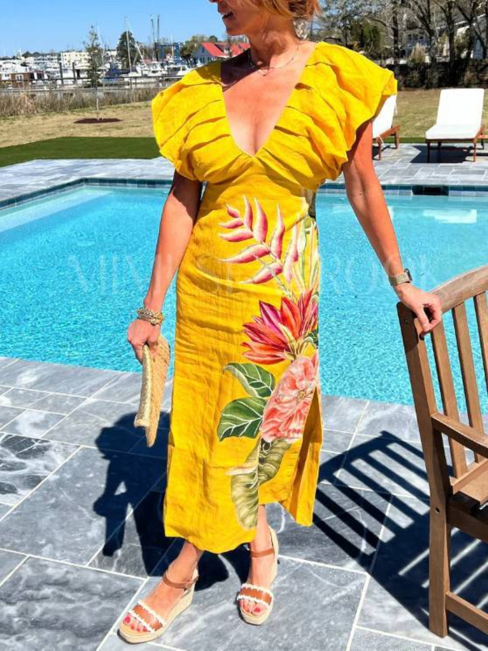 V-neck Pleated Printed Dress
