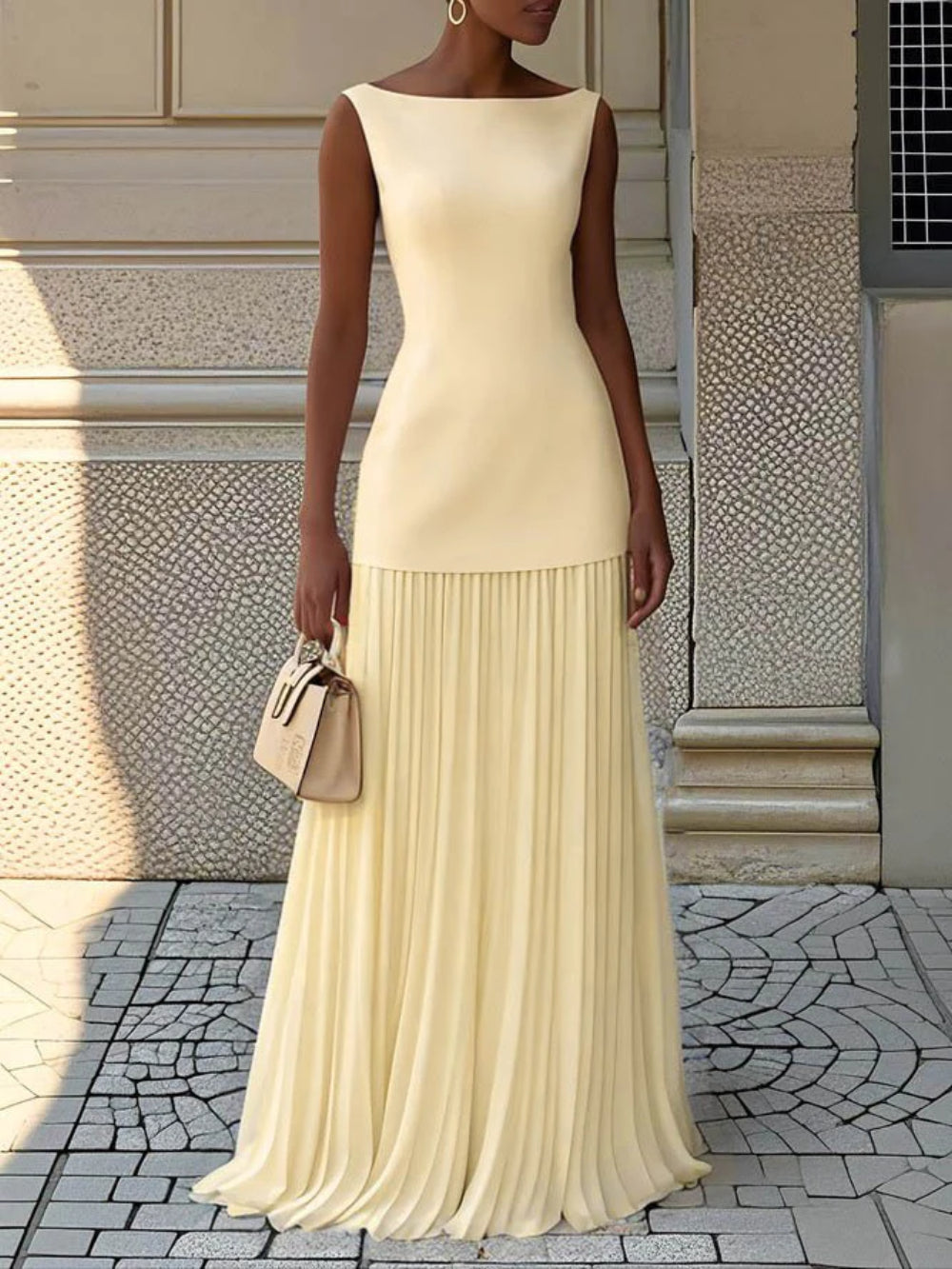 Pleated Classic Boat Neck Maxi Dress