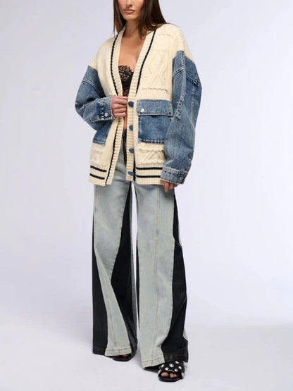 Denim Patchwork Cable Knit Coat