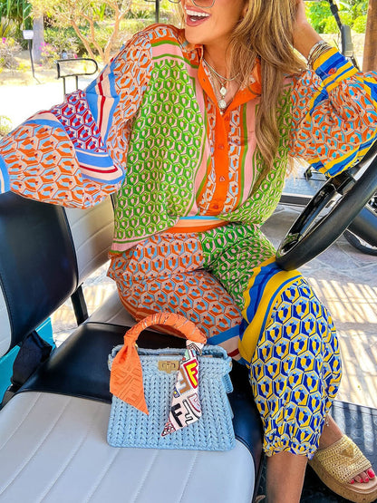 Colorful Print Balloon Sleeve Shirt