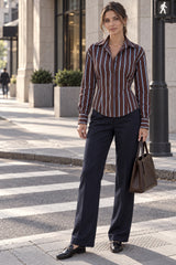 Vertical Stripe Fitted Long Sleeve Button Blouse