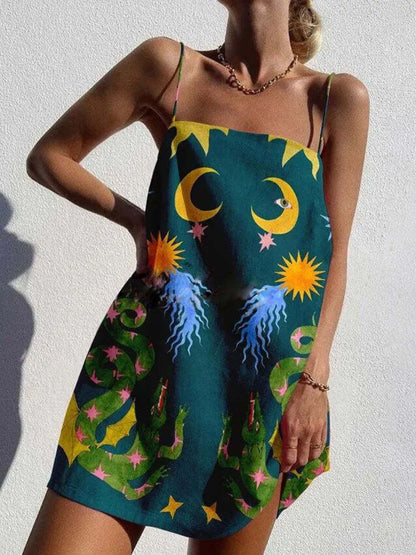 Printed Spaghetti Strap Backless Mini Dress