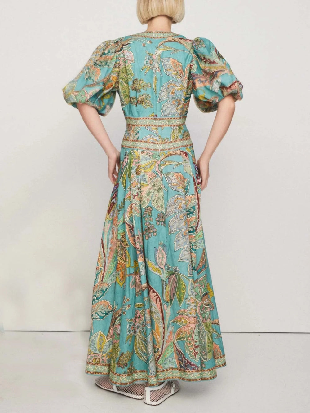 Satin Vintage Floral Print Puff Sleeve Unique Midi Dress