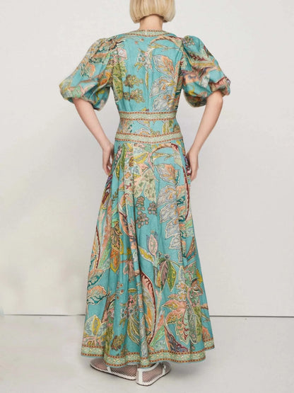 Satin Vintage Floral Print Puff Sleeve Unique Midi Dress