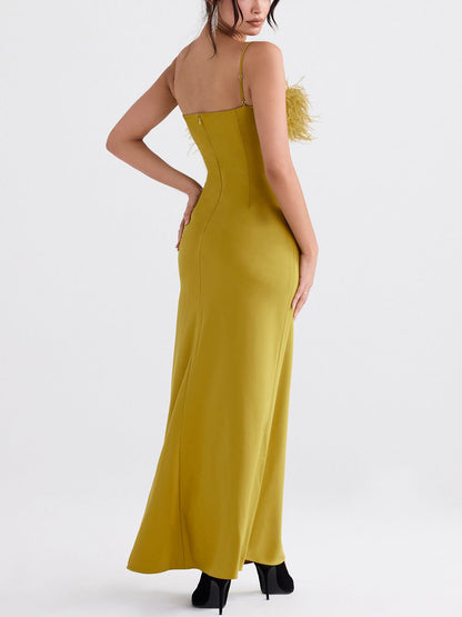 Delicate Satin Feather Neck Sling Dress