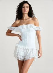 Lace Trim Bow Tie Corset Boned Off Shoulder Mini Dress