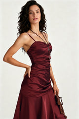 Asymmetrical Burgundy Ruffled Cami Party Dress