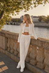 Knitted Cotton Jacquard Cropped Long Sleeve Three Piece Set