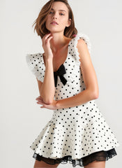 Vintage Polka Dot Bow Collar Ruffled Mini Dress