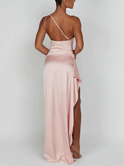 Sexy Asymmetric Shoulder Slit Satin Dress