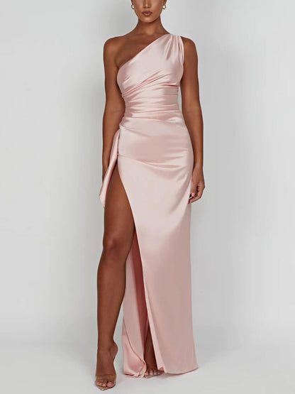 Sexy Asymmetric Shoulder Slit Satin Dress