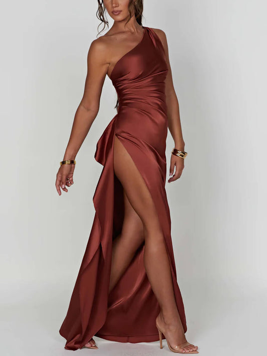 Sexy Asymmetric Shoulder Slit Satin Dress