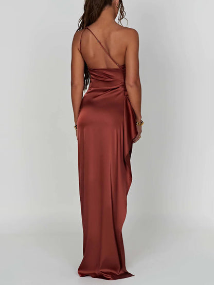 Sexy Asymmetric Shoulder Slit Satin Dress