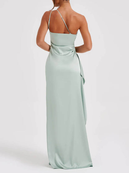 Sexy Asymmetric Shoulder Slit Satin Dress