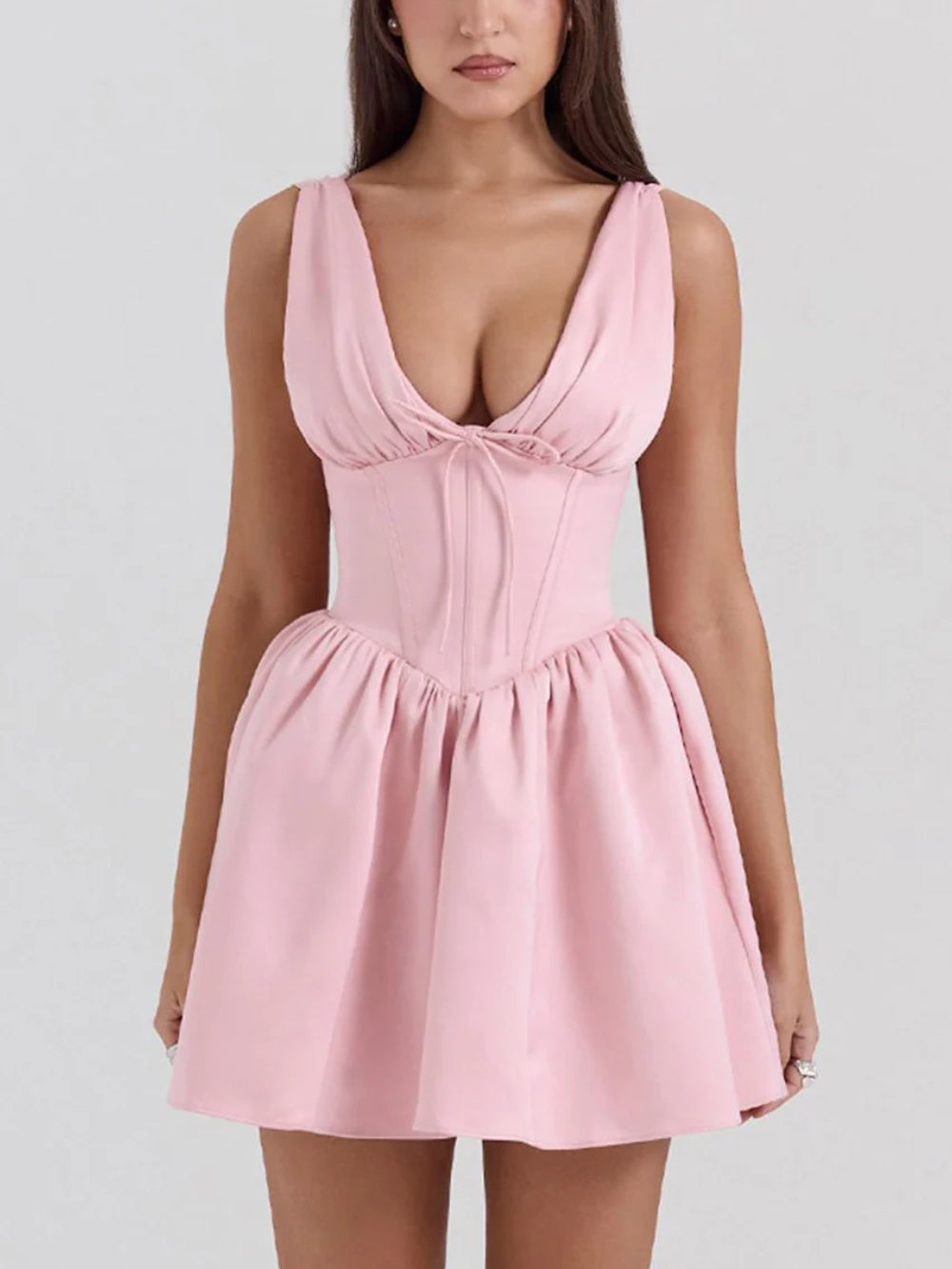 Elegant Satin Bow Detail V-Neck Dress