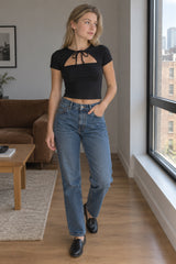 O-Neck Short Sleeve Front Lace-up Hollow Out Summer Black Party Clubwear T-shirts