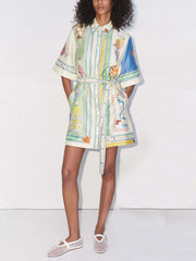 Exquisite Oil Painting Print Lace-Up Cardigan Mini Dress