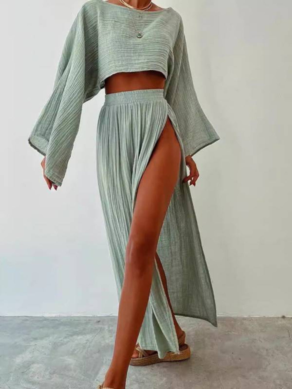 Slit Wide Leg Pants Two-piece Set