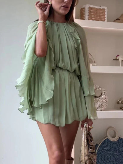 Resort Style Pleated Tiered Ruffle Mini Dress