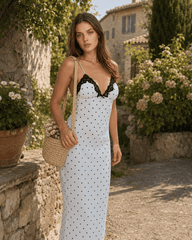 Vintage Polka Dot Lace V-Neck Bodycon Maxi Dress