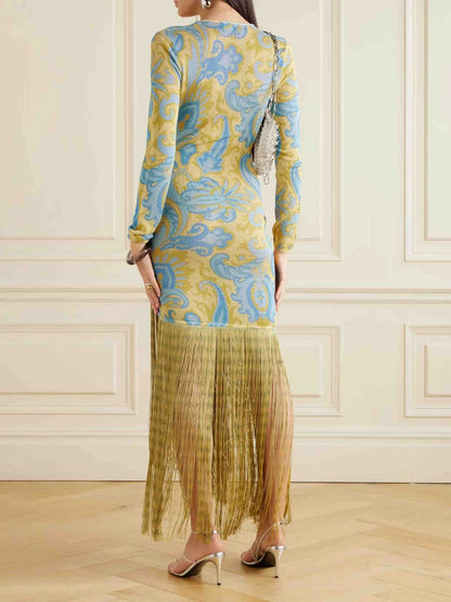 Retro Floral Print Fringed Knitted Dress