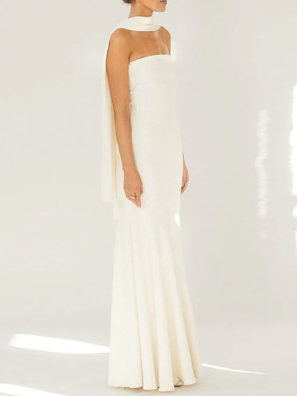 Waist-Tied Strapless Cape Dress