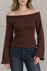 Solid Off Shoulder Rolled Edge Loose Knit Sweater