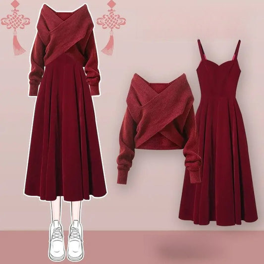 Red Knitted Two-Piece Dress Set