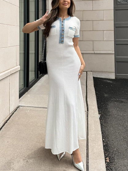 Short Sleeve Denim Patchwork Knit Dress