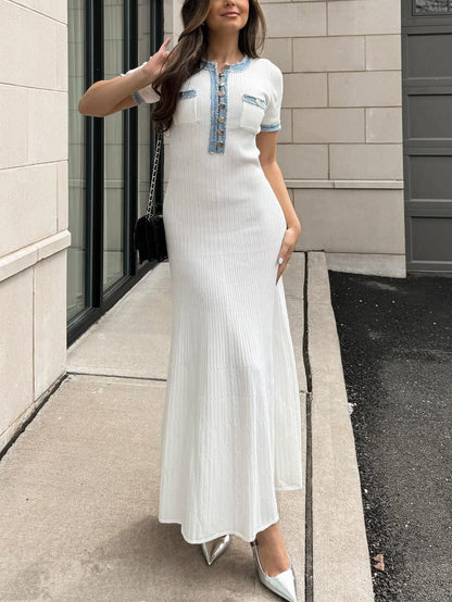 Short Sleeve Denim Patchwork Knit Dress