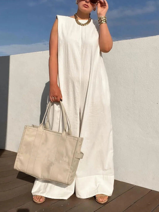 Solid Sleeveless Round Neck Wide-Leg Jumpsuit