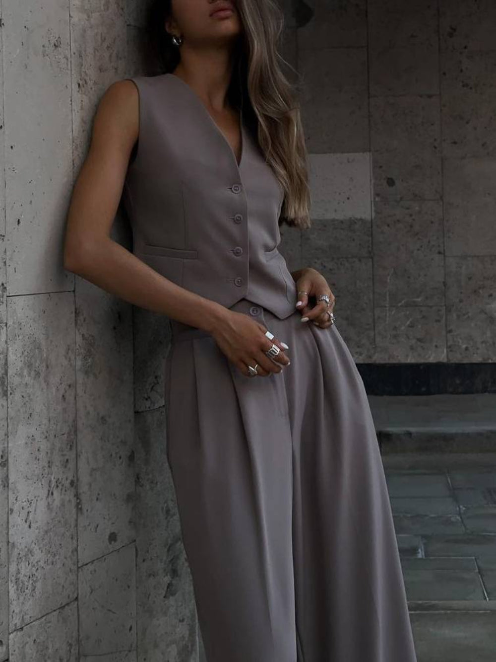 V-neck Vest & Wide-leg Trousers Set