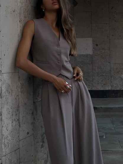 V-neck Vest & Wide-leg Trousers Set