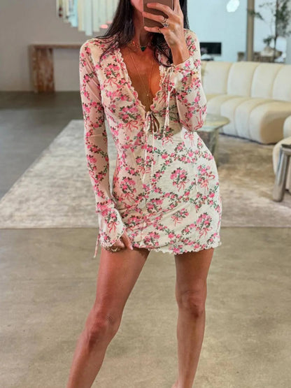 Floral Print Mesh Mini Dress