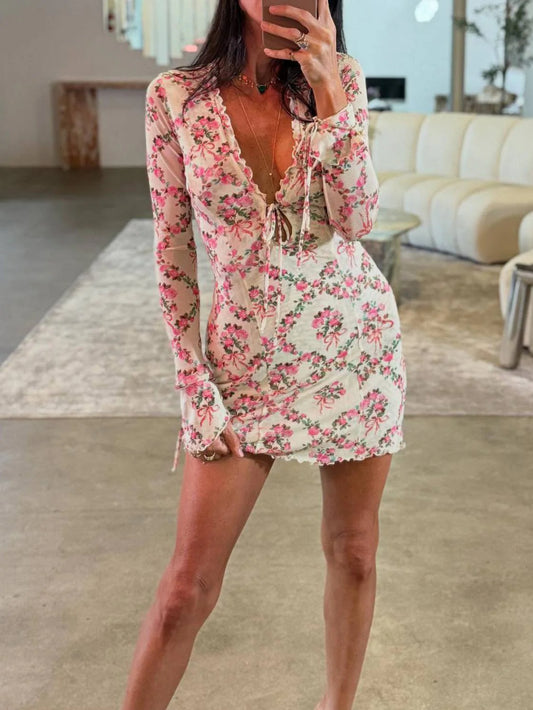 Floral Print Mesh Mini Dress