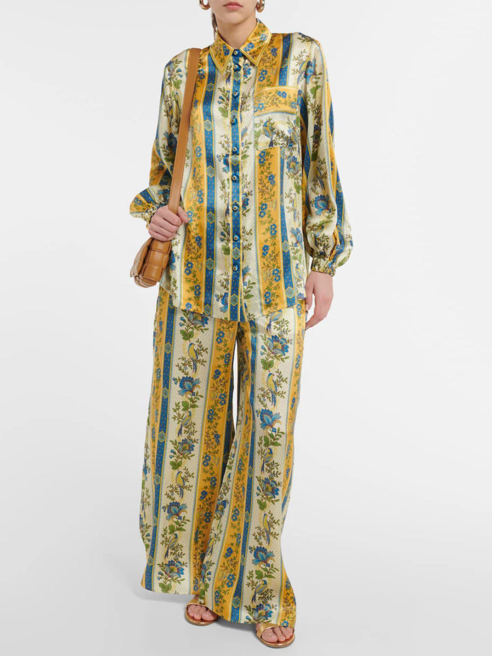 Satin Floral Stripe Wide-Leg Pants