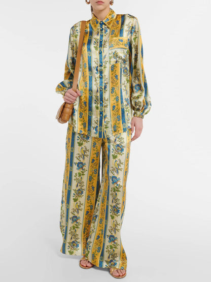 Satin Floral Stripe Wide-Leg Pants