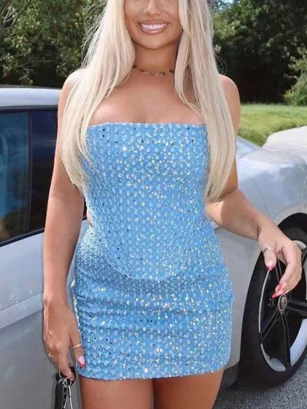 Denim Sequin Tube Top Skirt Set