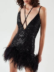 Sequin Stitching Feather Mini Dress