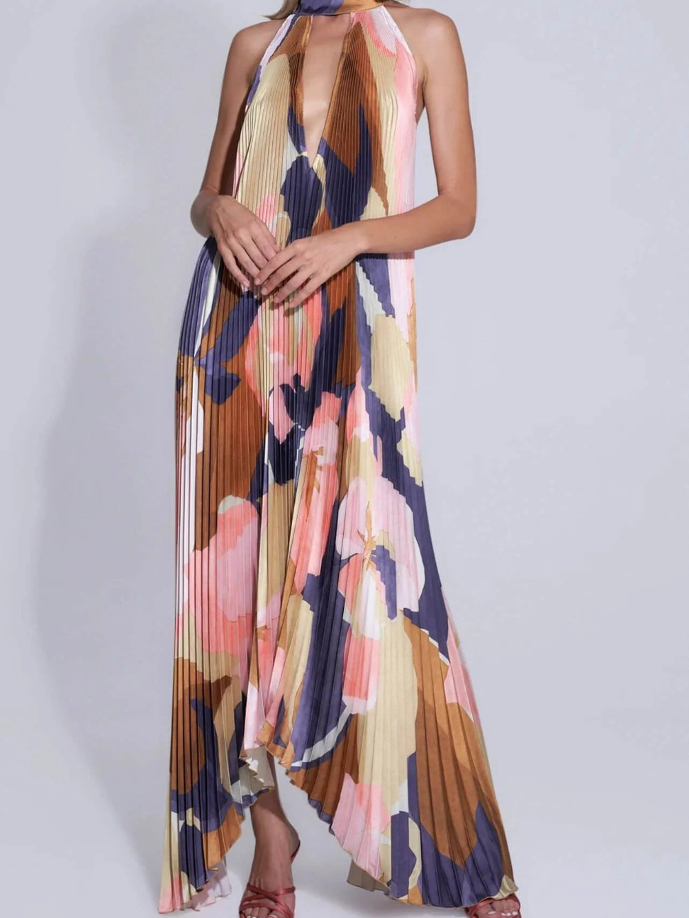 Pleated Halterneck Strappy Backless Midi Dress